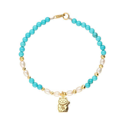 Bracelet 925 Silver Women Carisma Cat Gold Turquoise / Pearls