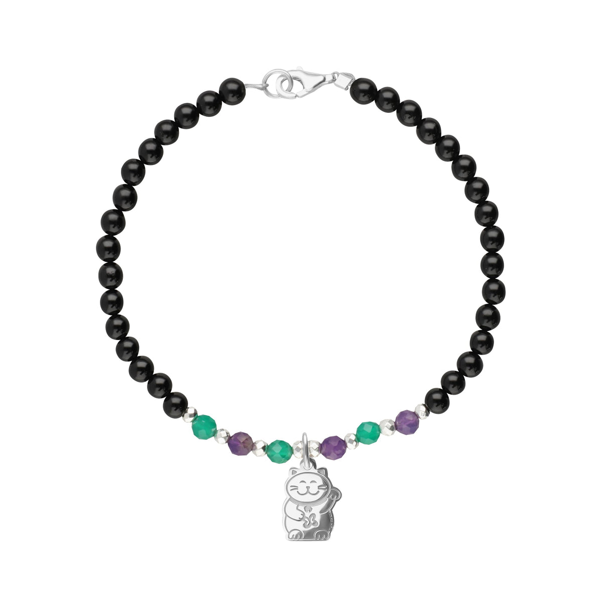 Bracelet 925 Silver Women Carisma Cat Onix / Green Agate / Amethyst