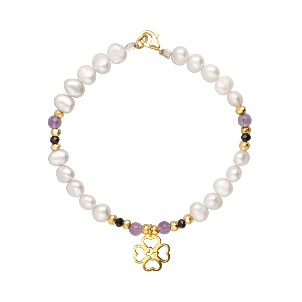 Bracelet 925 Silver Women Carisma Clover Gold Amethyst / Pearls Gris Spinel