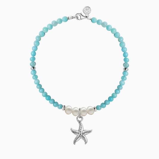Bracelet 925 Silver Women Arrecife Starfish Amazonite / Pearls