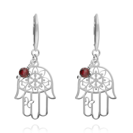 Earrings 925 Silver Women Zen Hand Garnet