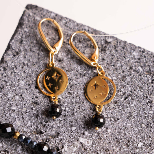 Earrings 925 Silver Women Magia Luna Cosmos Agata Negra Dorado