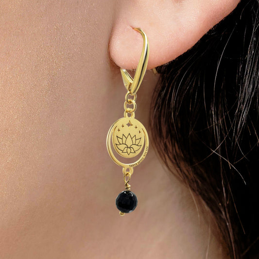 Earrings 925 Silver Women Magia Luna Loto Agata Negra Dorado