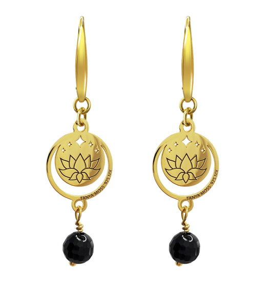 Earrings 925 Silver Women Magia Luna Loto Agata Negra Dorado