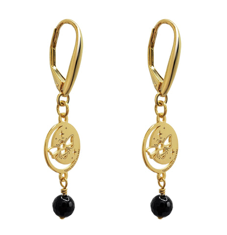 Earrings 925 Silver Women Magia Luna Prosperidad Agata Negra Dorado