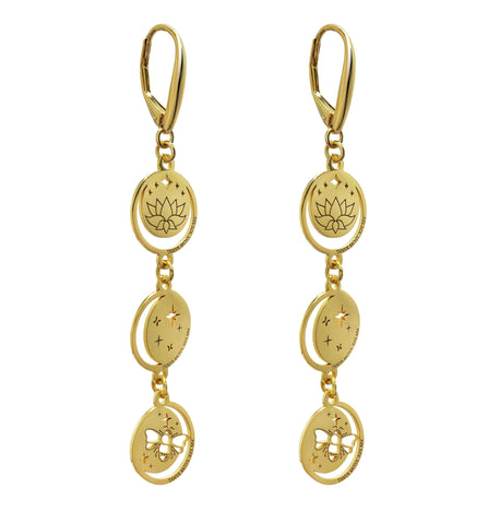 Earrings 925 Silver Women Magia 3 Niveles Lunas Cosmos Loto Prosperidad Dorado