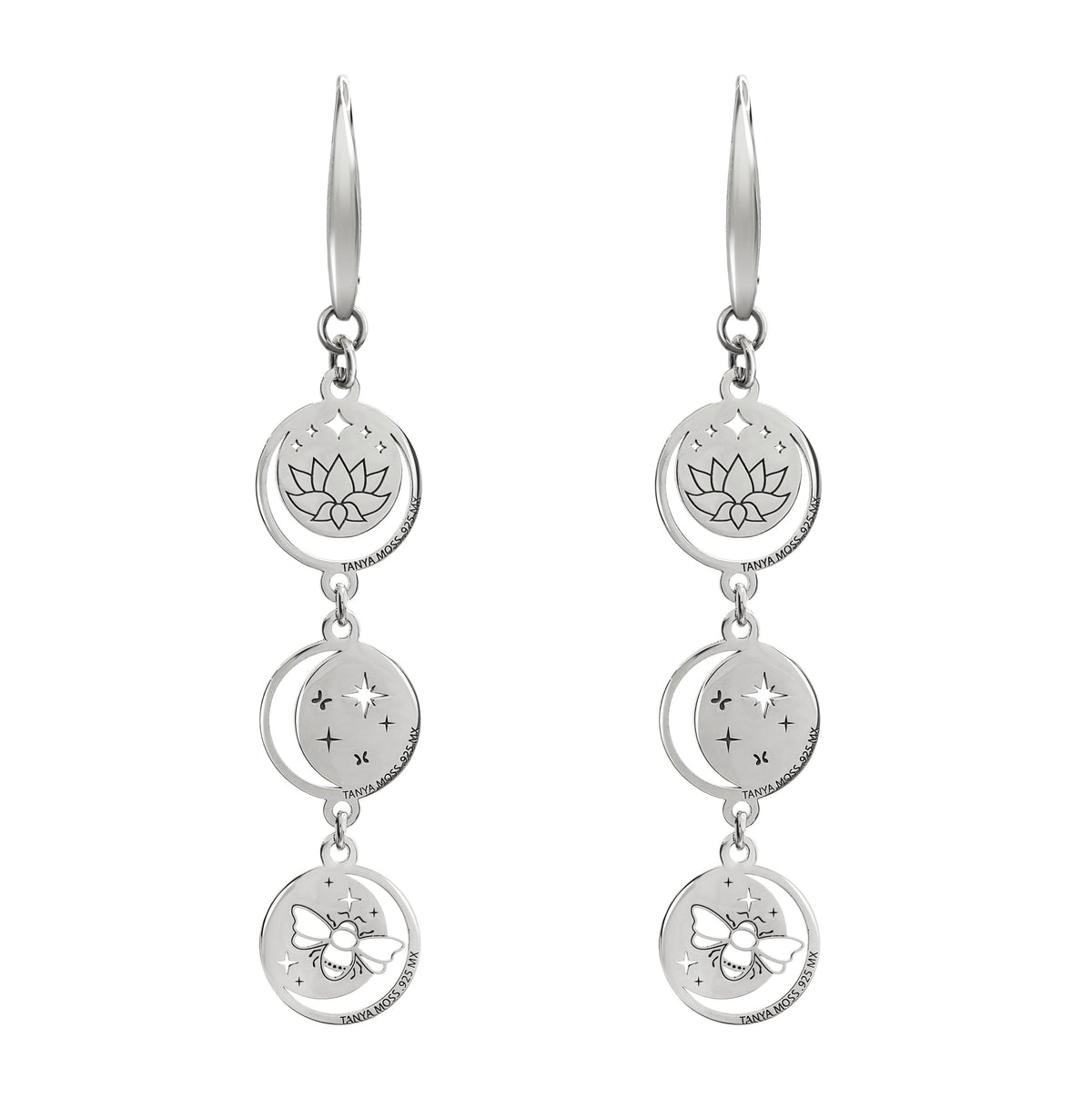 Earrings 925 Silver Women Magia 3 Niveles Lunas Cosmos Loto Prosperidad