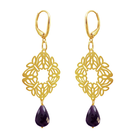 Earrings 925 Silver Women Encanto 4 Butterflies Amethyst Gold