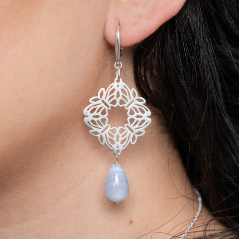 Earrings 925 Silver Women Encanto 4 Butterflies Blue Agate