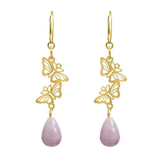 Earrings 925 Silver Women Encanto 2 Butterflies Kunzite Oval Gold