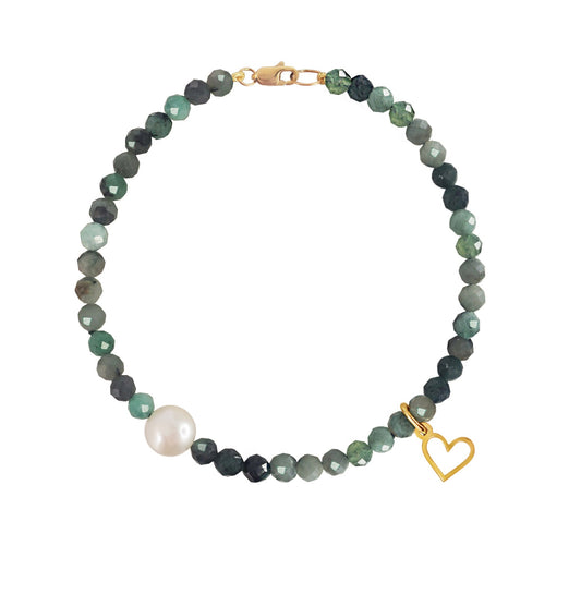 Pulsera Mujer Oro 14K Oro Finito Corazon Esmeralda / Perla