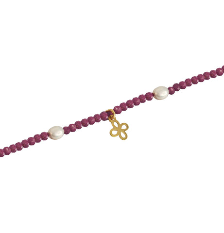 Pulsera Mujer Oro 14K Oro Finito Trebol Rubi / Perla