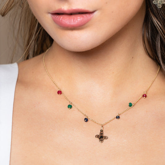 Collar Mujer Oro 14K Oro Aurora Mariposa Piedras Esmeralda / Zafiro / Rubi