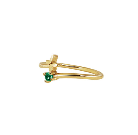 Anillo Mujer Oro 14K Oro Cruzado Mariposa Esmeralda