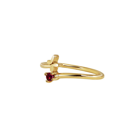 Anillo Mujer Oro 14K Oro Cruzado Mariposa Rubi