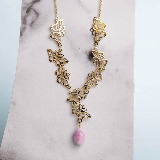 Necklace 925 Silver Women Encanto 8 Butterflies Kunzite Oval Gold