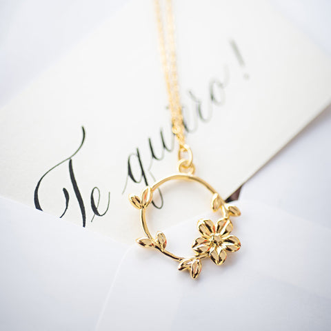 Pendant 925 Silver Women Mensaje Amor Hoop Flower Leaves Gold