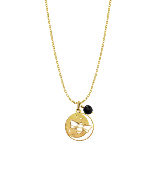 Pendant 925 Silver Women Magia Luna Prosperidad Agata Negra Dorado