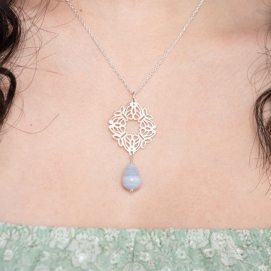 Pendant 925 Silver Women Encanto 4 Butterflies Blue Agate