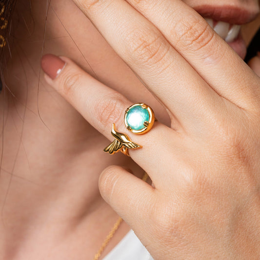 Anillo Mujer Plata 925 Mensaje Amor Colibri Madreperla Verde Dorado