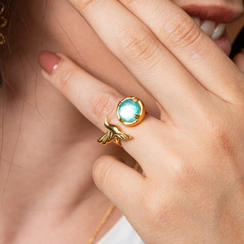 Anillo Mujer Plata 925 Mensaje Amor Colibri Madreperla Verde Dorado